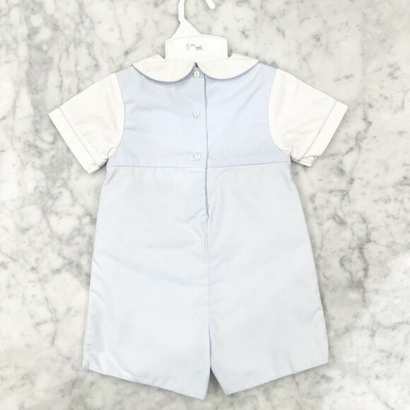 Petit Ami Boys Birthday Blue Smocked Embroidered Jon Jon 2-Piece Romper 24 Mths - Picture 3 of 10